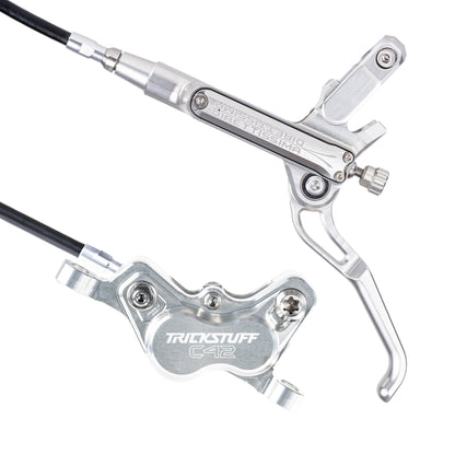 Trickstuff Direttissima brake lever and caliper in silver with silver reservoir cap.