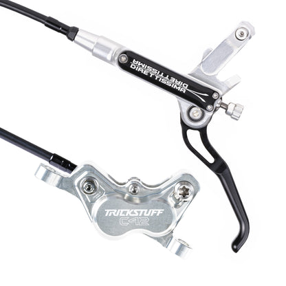 Trickstuff Direttissima brake lever and caliper in silver with black reservoir cap.