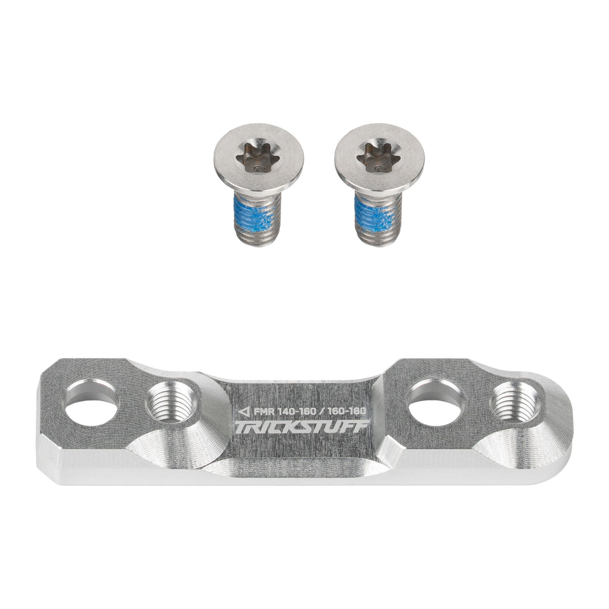 Silver Trickstuff rear flat-mount brake adaptor with two mounting bolts.
