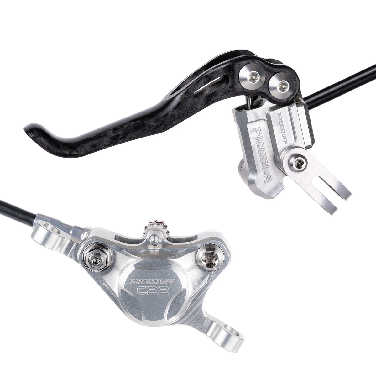 Trickstuff Piccola Carbon brake lever and caliper in silver with silver reservoir cap.
