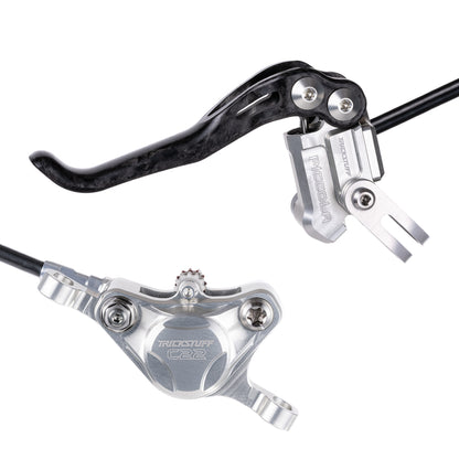 Trickstuff Piccola Carbon brake lever and caliper in silver with silver reservoir cap.