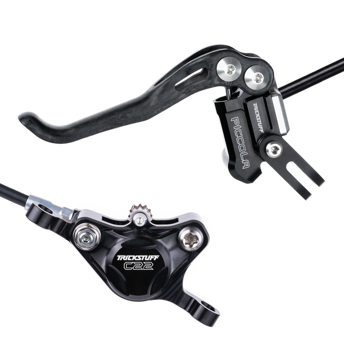 Trickstuff Piccola Carbon brake lever and caliper in black with silver reservoir cap.