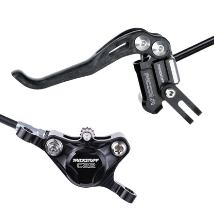 Trickstuff Piccola Carbon brake lever and caliper in black with silver reservoir cap.