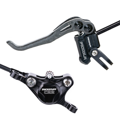 Trickstuff Piccola Carbon brake lever and caliper in black with black reservoir cap.