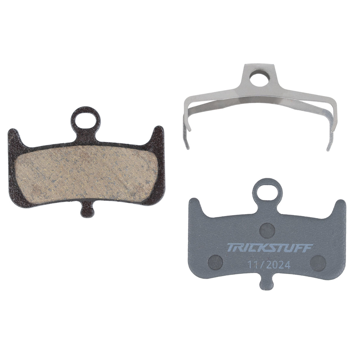 Trickstuff Standard 350 brake pads, showing friction and backing faces with a retaining spring.