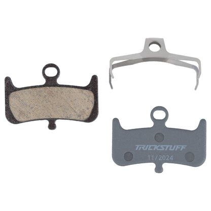 Trickstuff Standard 350 brake pads, showing friction and backing faces with a retaining spring.